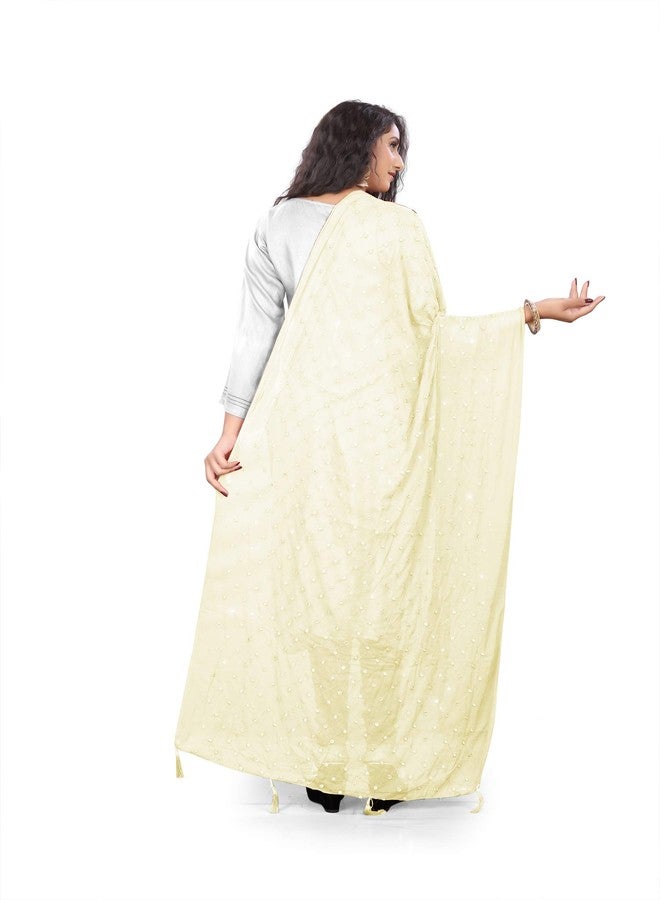 themilestocks TMS Woman's Embroidered Chiffon Dupatta Scarf Shawl Wrap Soft Indian Bridal Wedding (Cream) - Image 4